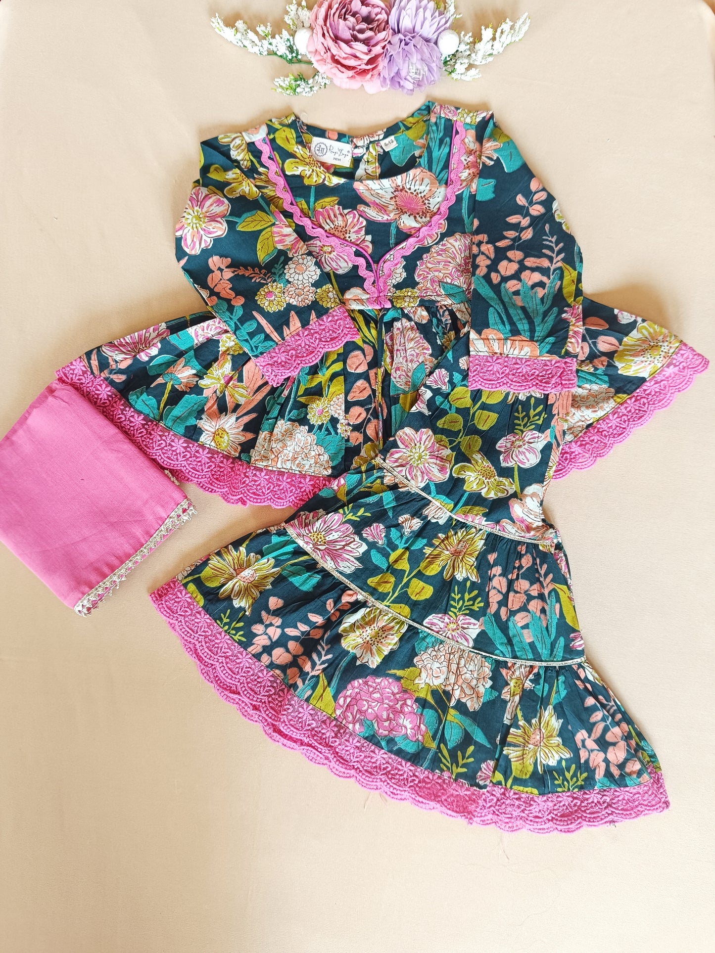 Floral Gathered Olive Green Kurta With Sharara Set