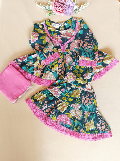 Floral Gathered Olive Green Kurta With Sharara Set