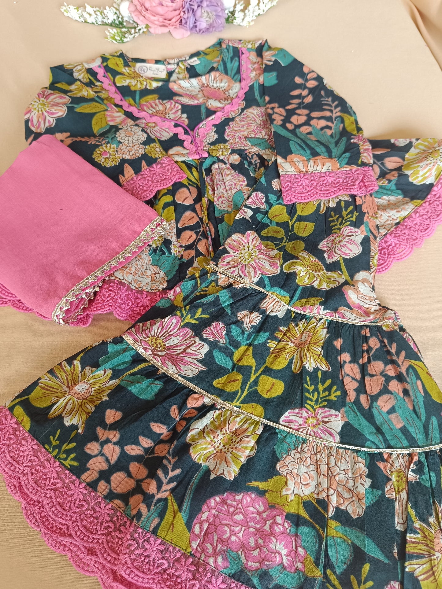 Floral Gathered Olive Green Kurta With Sharara Set