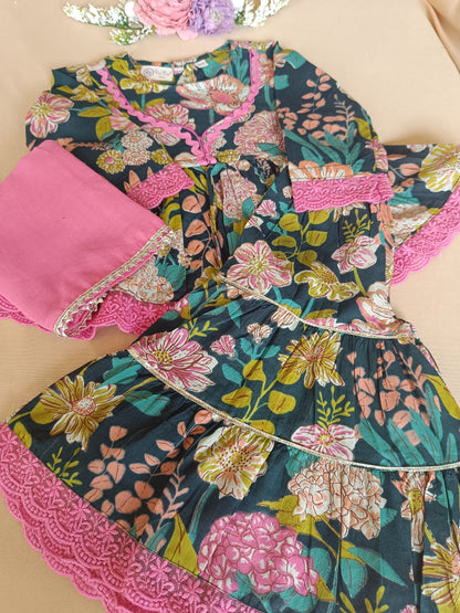 Floral Gathered Olive Green Kurta With Sharara Set