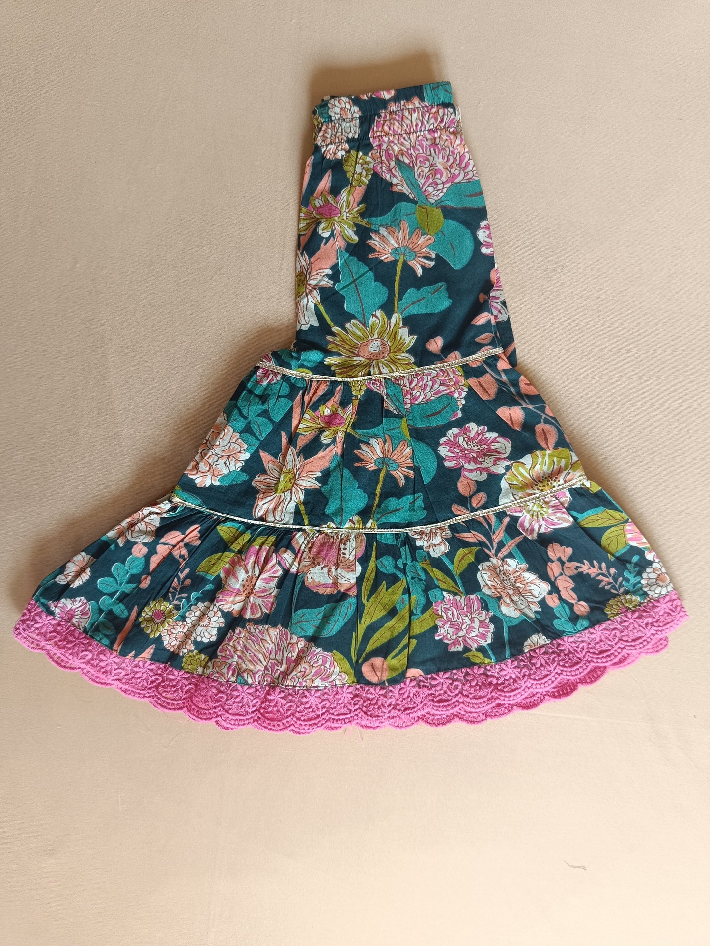 Floral Gathered Olive Green Kurta With Sharara Set