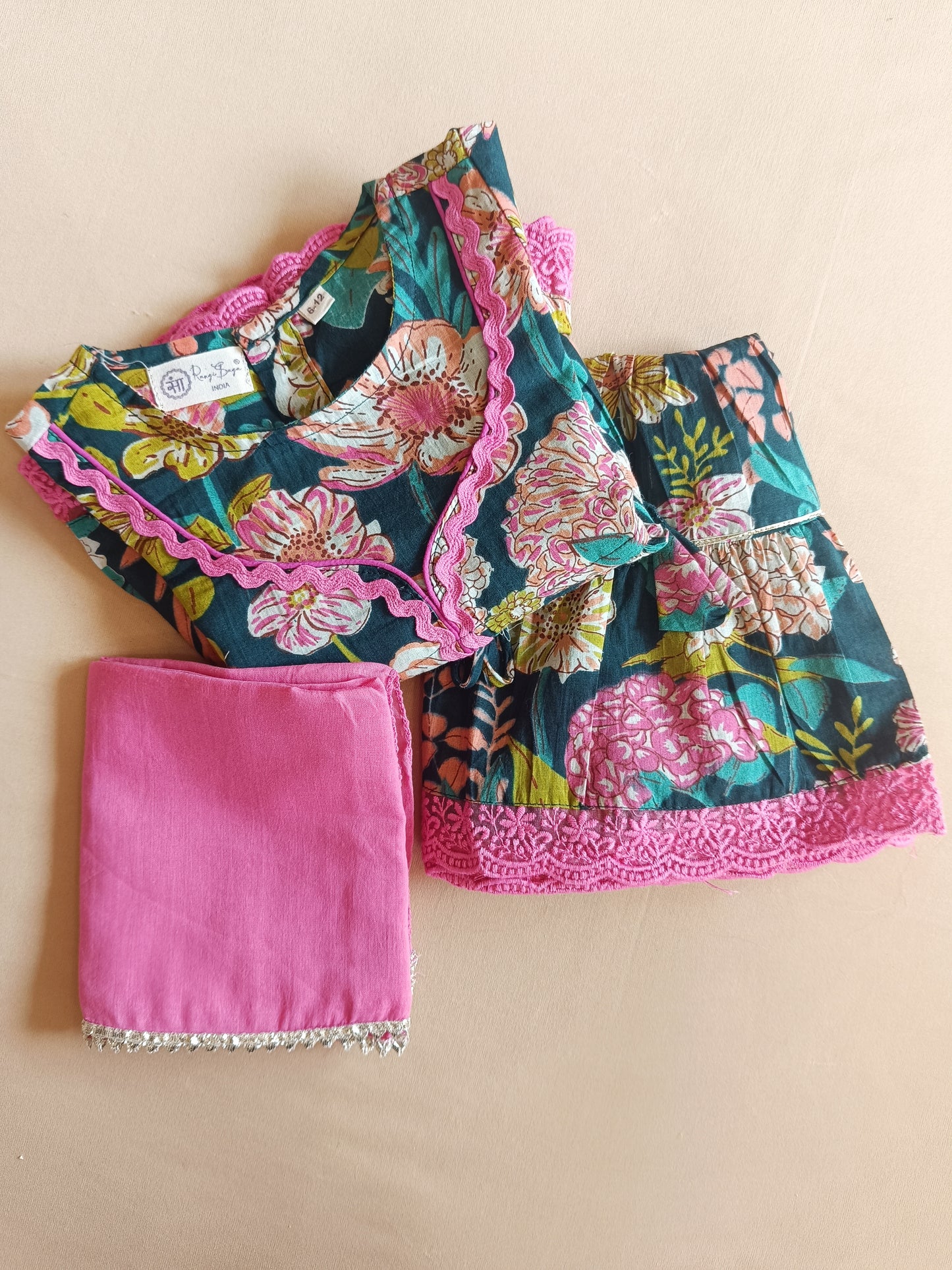 Floral Gathered Olive Green Kurta With Sharara Set