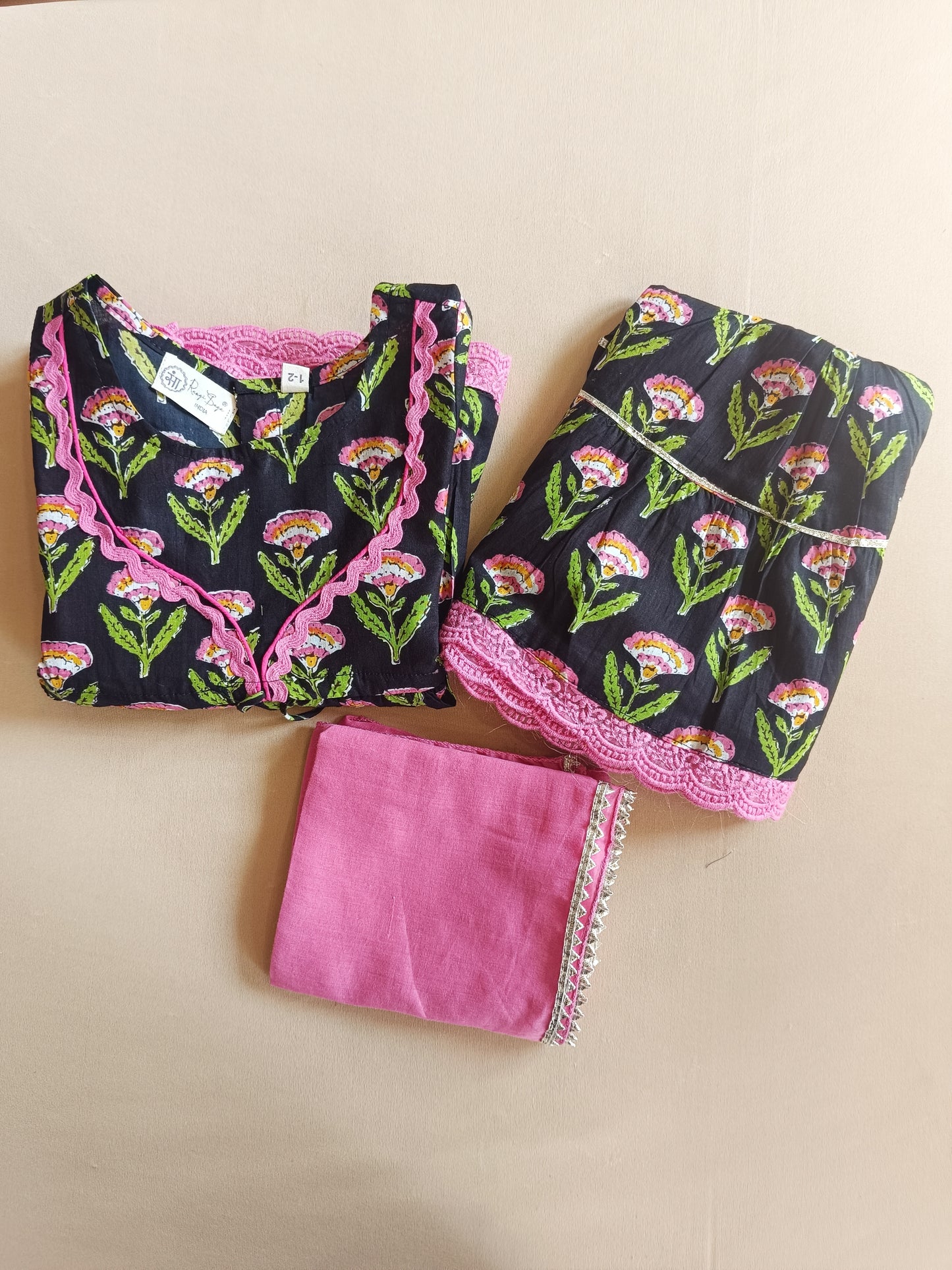 Floral Gathered Black Kurta With Sharara Set