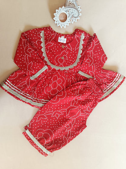 Red Bandhej Anarkali Kurta with Afghani Salwar