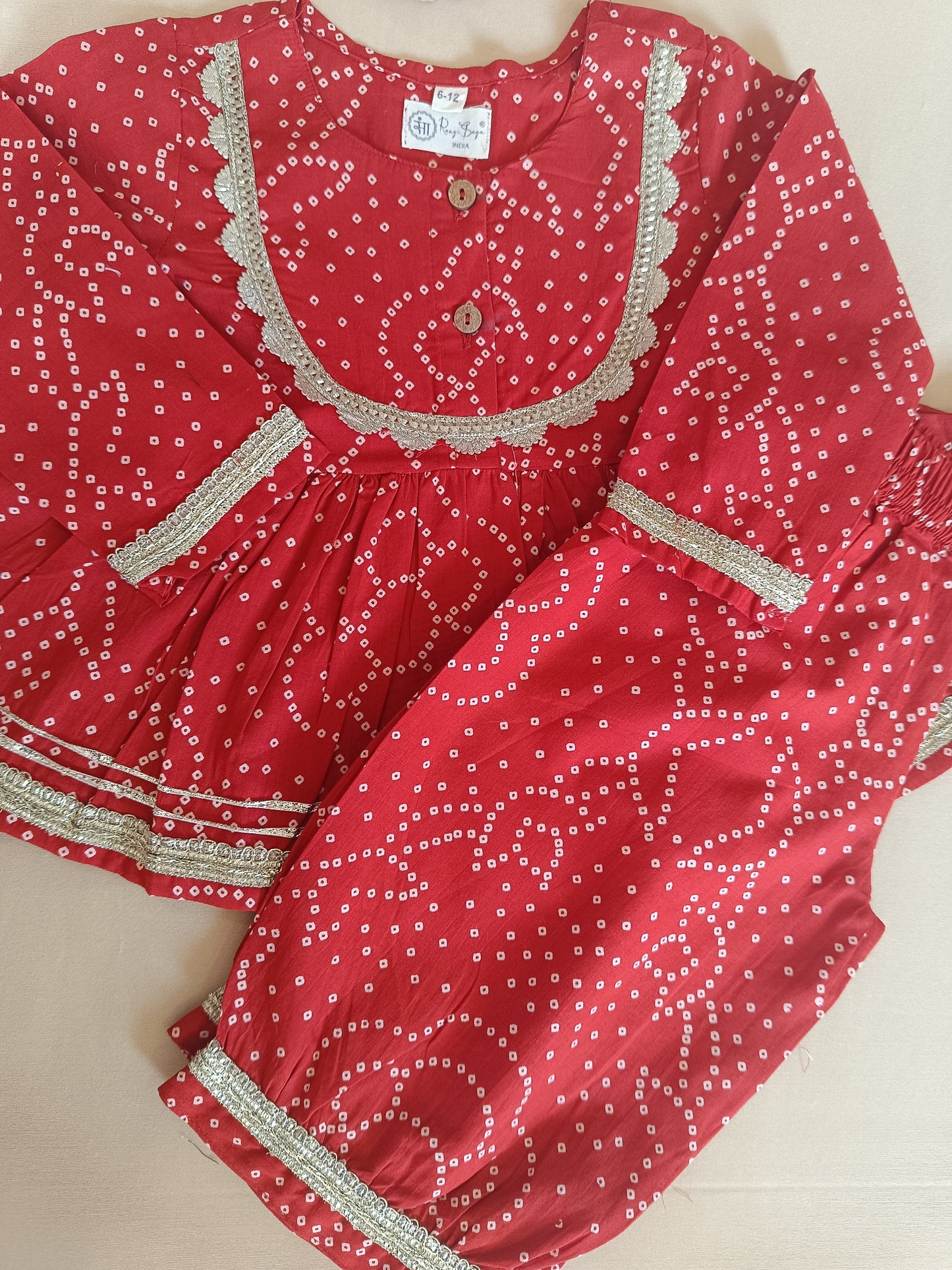 Red Bandhej Anarkali Kurta with Afghani Salwar