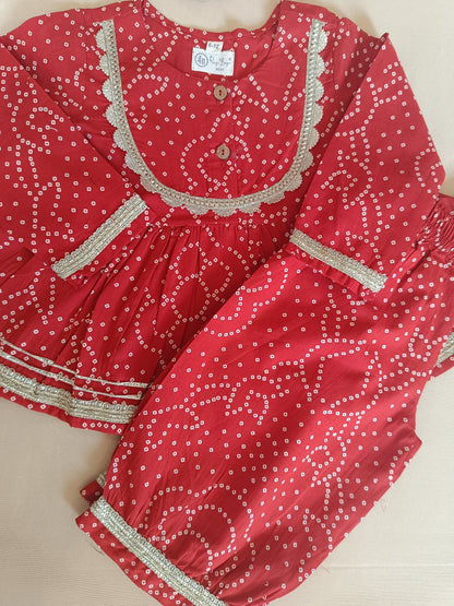 Red Bandhej Anarkali Kurta with Afghani Salwar