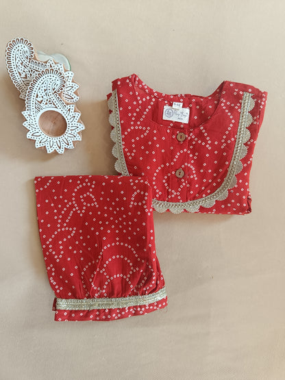 Red Bandhej Anarkali Kurta with Afghani Salwar