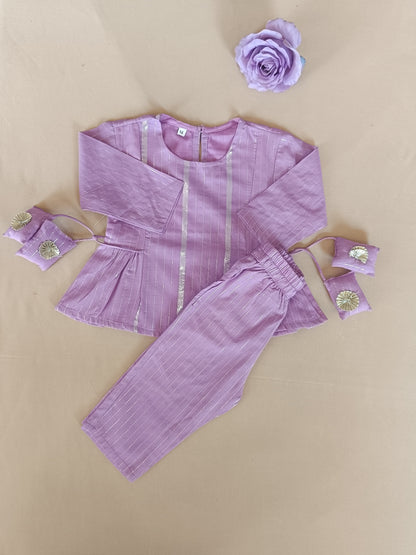 Stylish Lavender Lurex cotton flared suit set for Girls