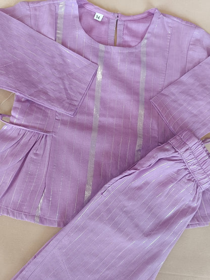 Stylish Lavender Lurex cotton flared suit set for Girls