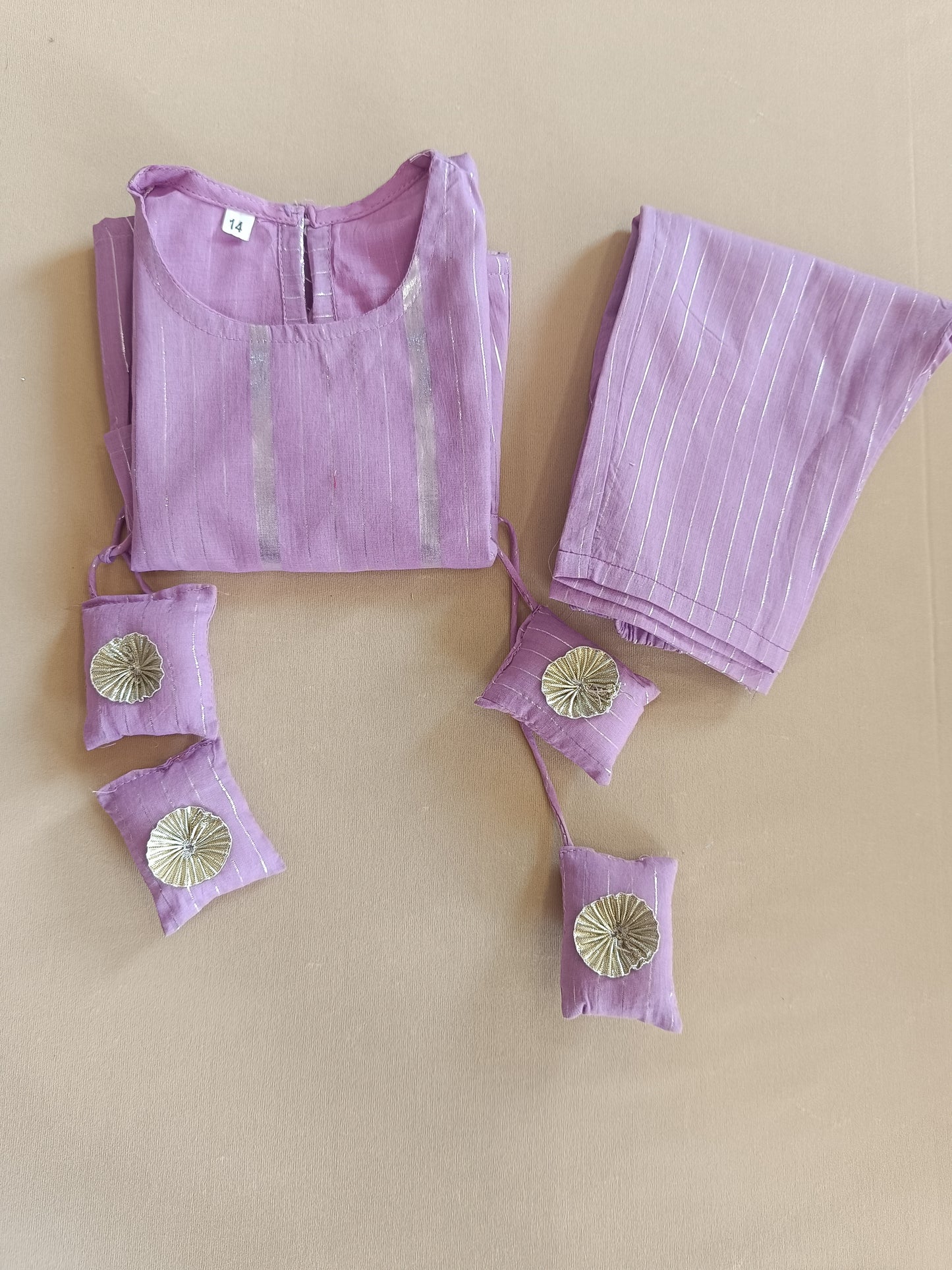 Stylish Lavender Lurex cotton flared suit set for Girls