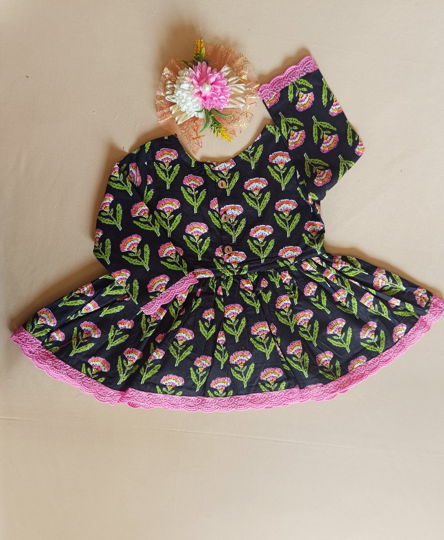 Floral Gathered Black Kurta With Sharara Set