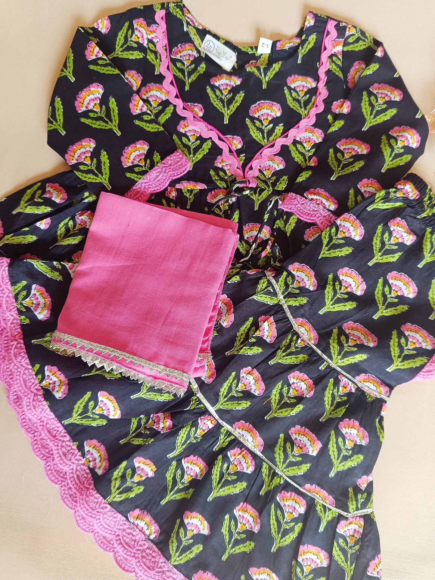 Floral Gathered Black Kurta With Sharara Set