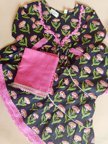 Floral Gathered Black Kurta With Sharara Set