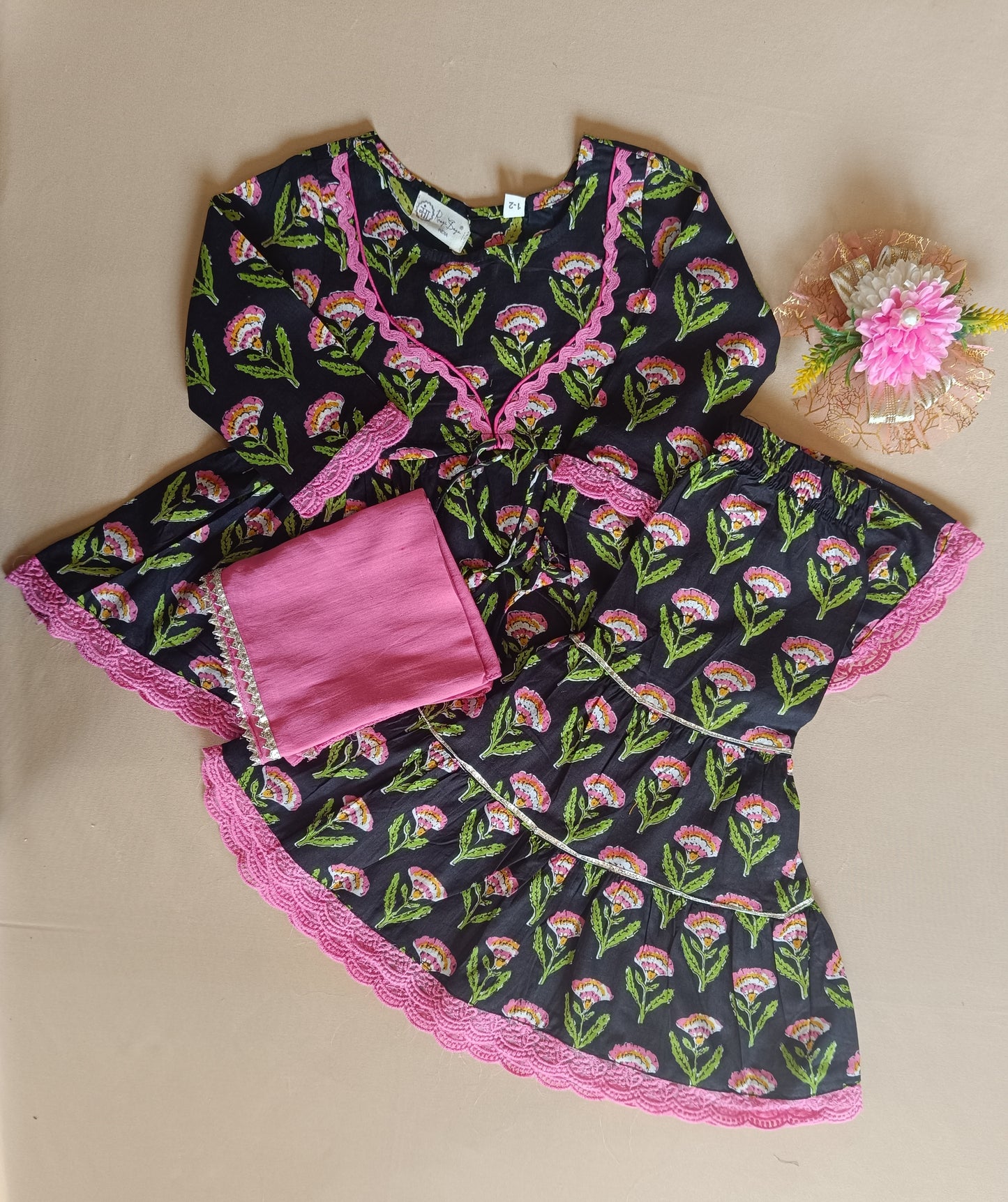 Floral Gathered Black Kurta With Sharara Set