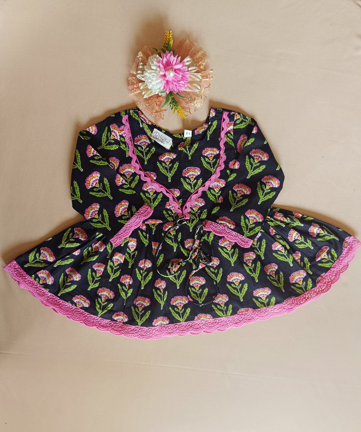 Floral Gathered Black Kurta With Sharara Set