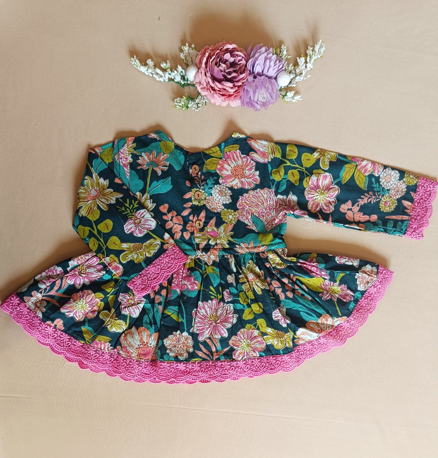 Floral Gathered Olive Green Kurta With Sharara Set