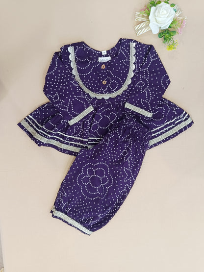 Purple Bandhej Anarkali Kurta with Afghani Salwar