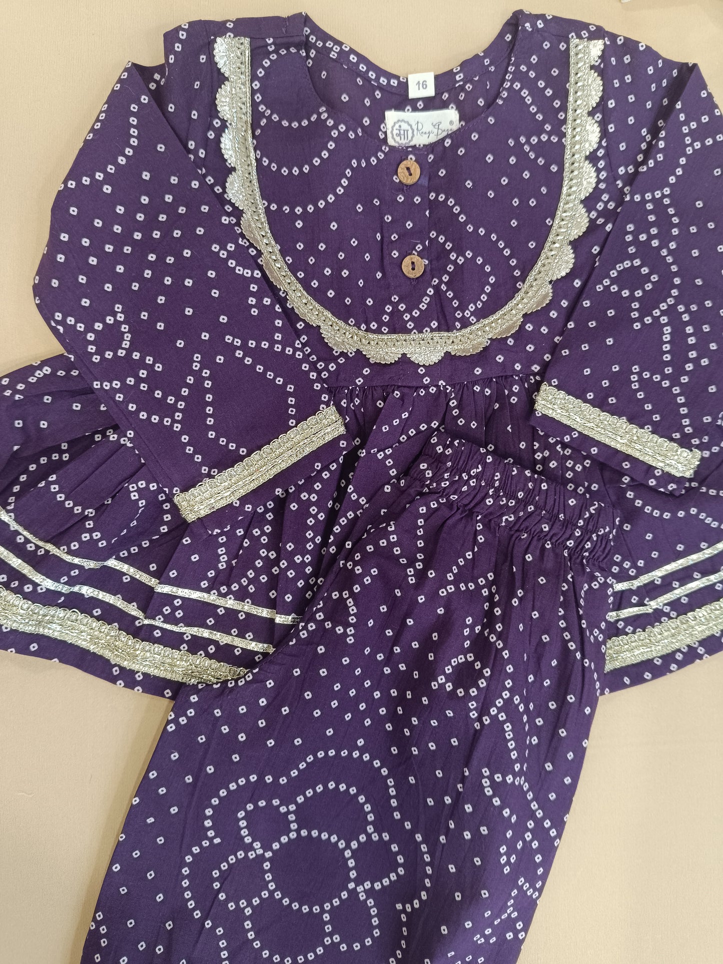Purple Bandhej Anarkali Kurta with Afghani Salwar