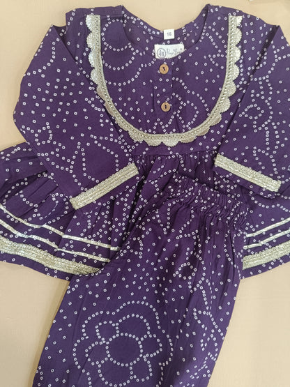 Purple Bandhej Anarkali Kurta with Afghani Salwar