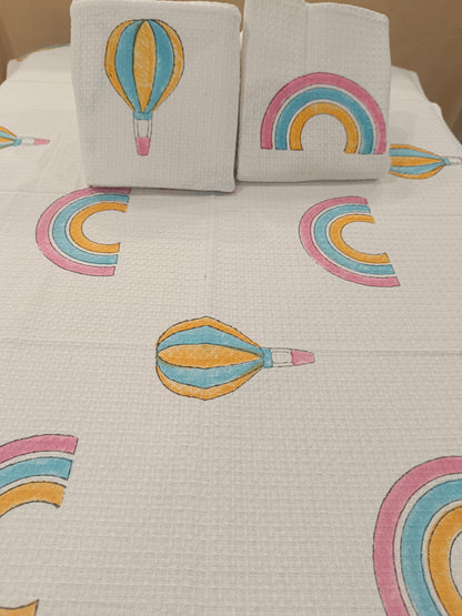 Hot Air Balloon & Rainbow Print White Cotton Bath Towel