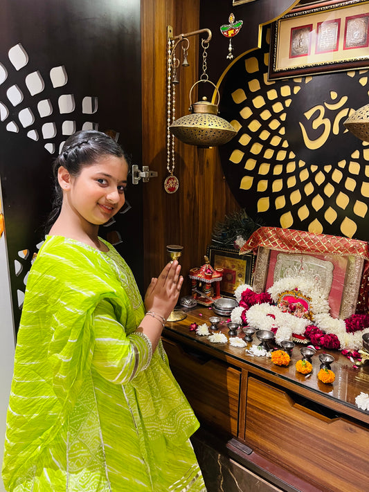 Bandhej Printed Parrot Green Coloured Anarkali Suit With Sharara