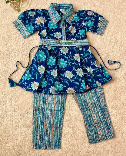 Flower Print Blue Colour Girls Co-Ords