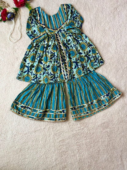 Abstract Print Aqua Green Coloured Front Cut Anarkali Suit with Sharara