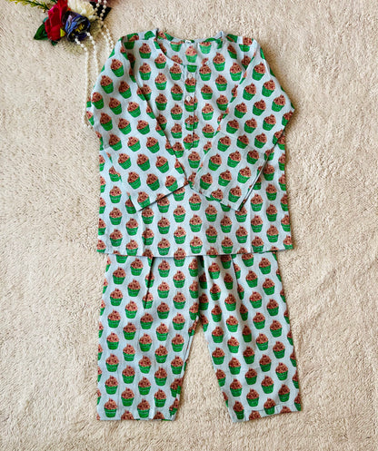 Cupcake Printed Green Color Night Suit
