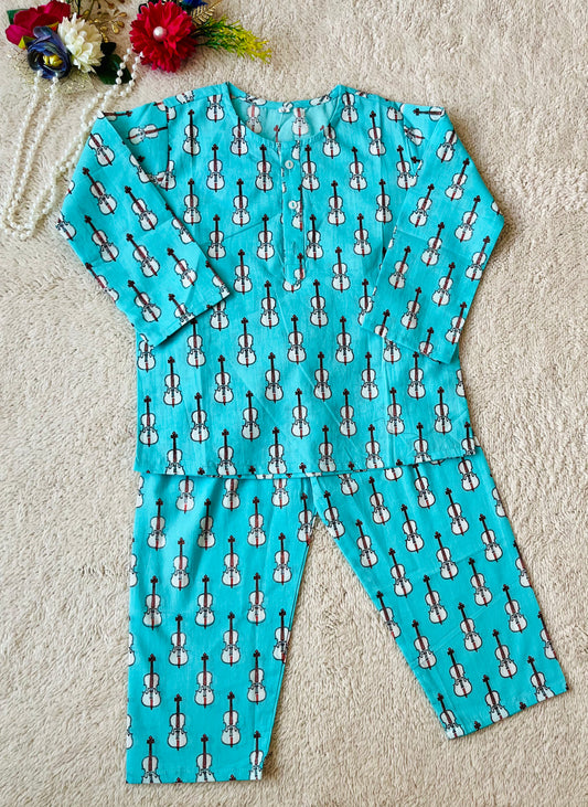 Guitar Print Aqua Color Night Suit