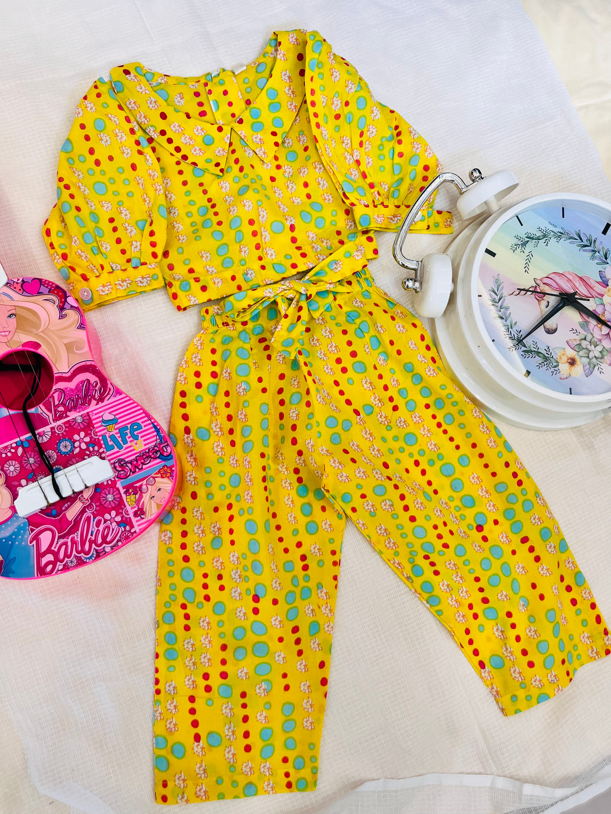 Yellow Coloured polka dots Printed Girls Co-Ords