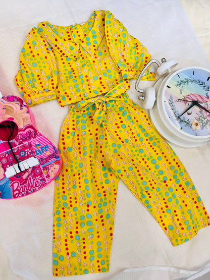 Yellow Coloured polka dots Printed Girls Co-Ords