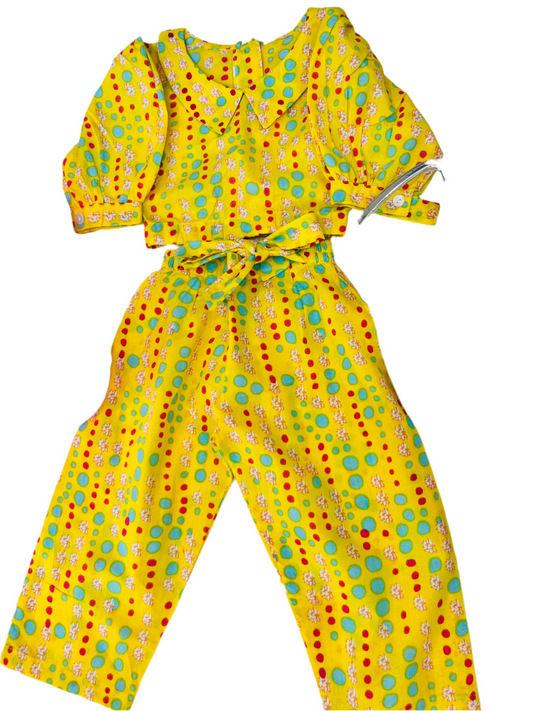 Yellow Coloured polka dots Printed Girls Co-Ords
