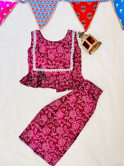 Wine Colour Discharge printed Girls Co-ord Set
