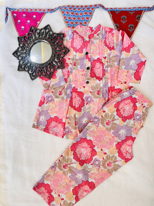Pink Flower Printed Girls Co-Ord Set
