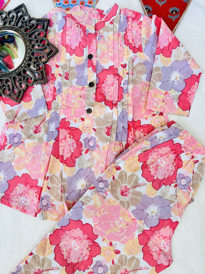 Pink Flower Printed Girls Co-Ord Set