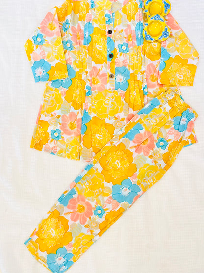 Yellow  Flower Printed Girls Co-Ord Set