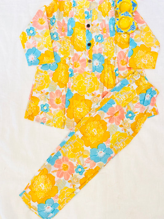 Yellow  Flower Printed Girls Co-Ord Set
