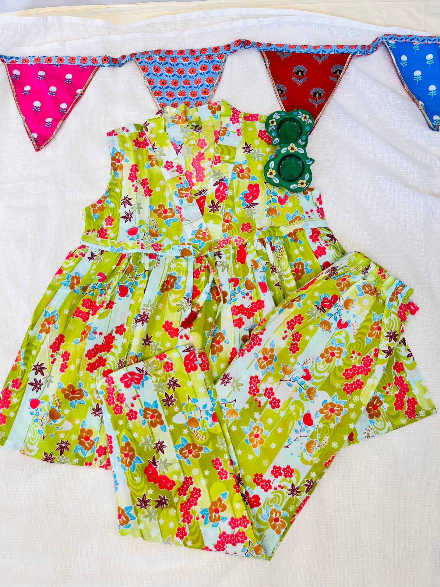 Flower Printed Olive Green Girls Co-Ord Set