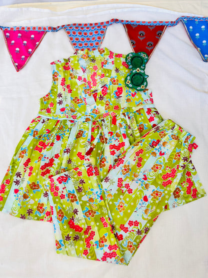 Flower Printed Olive Green Girls Co-Ord Set