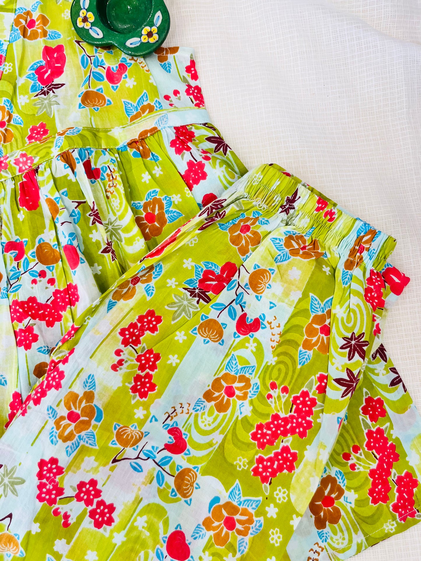 Flower Printed Olive Green Girls Co-Ord Set