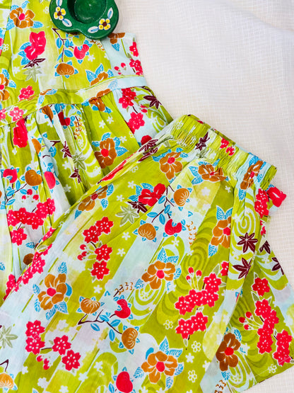 Flower Printed Olive Green Girls Co-Ord Set