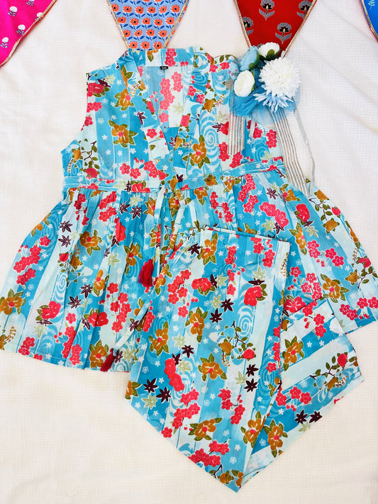 Flower Printed Sky Blue Girls Co-Ord Set
