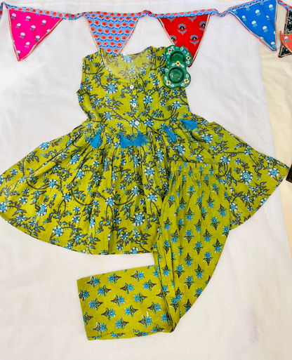 Flower Printed Olive Green Girls Co-Ord Set