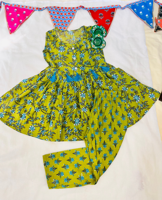 Flower Printed Olive Green Girls Co-Ord Set