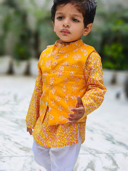 Yellow Small Buta Jacket with Kurta -Pyjama
