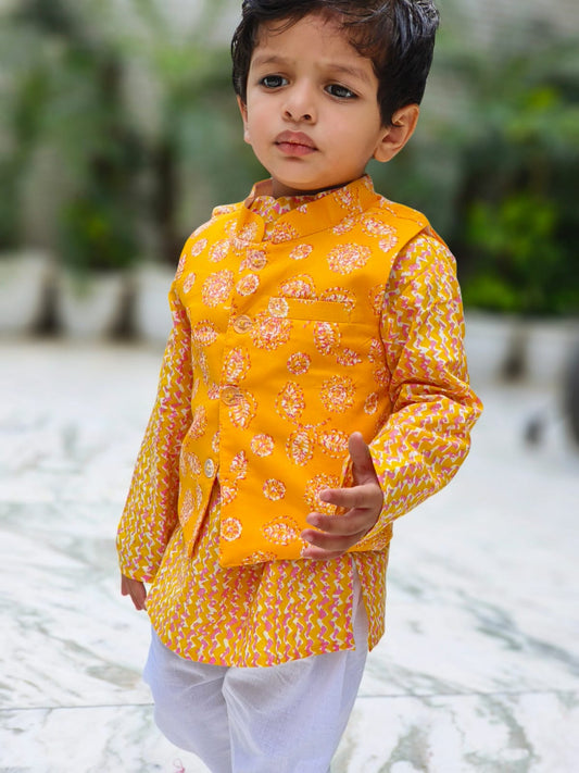 Yellow Small Buta Jacket with Kurta -Pyjama
