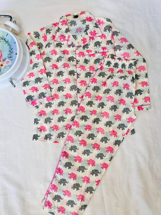 Elephant Print Pink & Grey Color Night suit