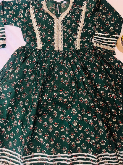 Green Block Printed Cotton Gown For girls