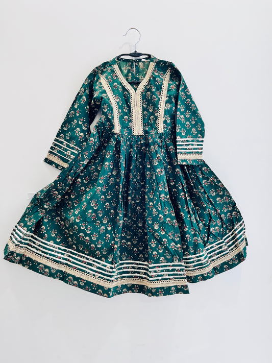 Green Block Printed Cotton Gown For girls