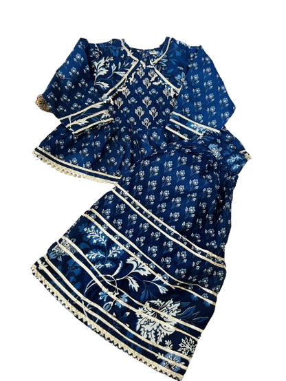Purple and Blue Floral Printed Gathered Kurta with Palazzo